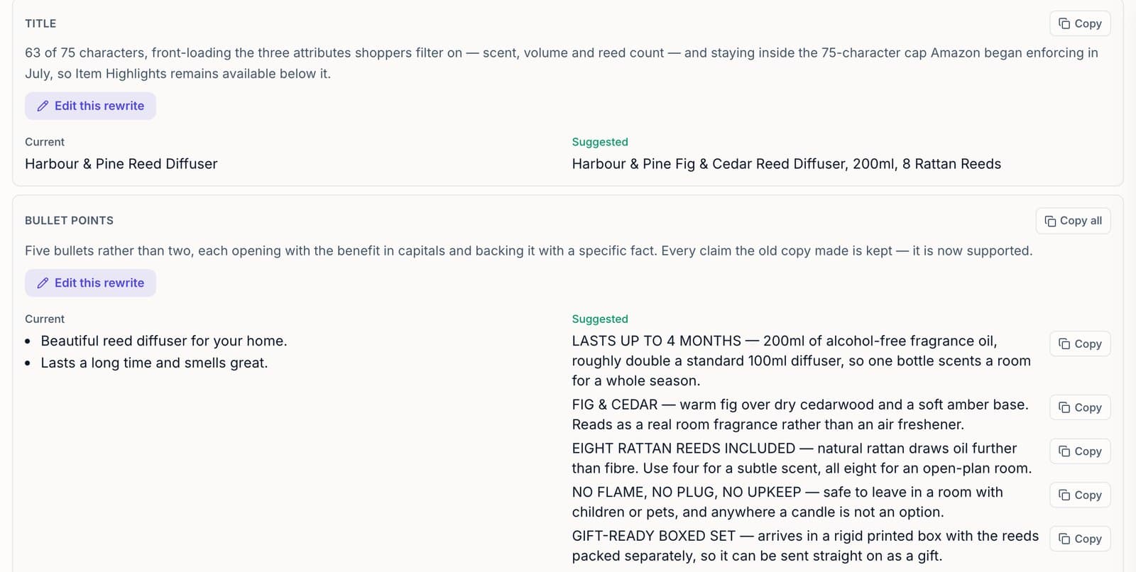 Klyte suggested rewrite: current title and two bullets beside a suggested title and five specific bullets, each with a copy button.